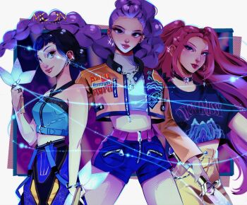 Rule 34 | 3girls, black eyeliner, black hair, black shorts, braid, braided ponytail, choker, cowboy shot, cropped jacket, double bun, earrings, eyeliner, eyeshadow, glint, hair bun, halterneck, highres, holding, holding sword, holding weapon, jacket, jewelry, kpop demon hunters, long hair, makeup, mascara, mira (kpop demon hunters), moonfriedart, multiple girls, necklace, pants, pink hair, purple hair, ring, rumi (kpop demon hunters), short bangs, shorts, sidelocks, skirt, smile, sword, turtleneck, weapon, yellow jacket, yellow skirt, zoey (kpop demon hunters)