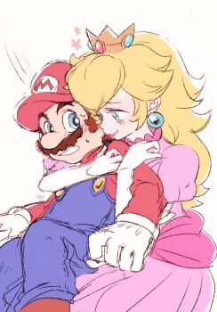 1boy 1girl agua_mp assertive_female blonde_hair blue_eyes blue_overalls blush brown_hair commentary crown dress earrings facial_hair feet_out_of_frame gloves hat hetero hug hug_from_behind jewelry long_hair mario mario_(series) mustache nervous_sweating nintendo overalls parted_lips pink_dress pink_lips princess_peach puffy_short_sleeves puffy_sleeves red_hat red_shirt shirt short_hair short_sleeves sketch smile sweat untranslatable_commentary white_background white_gloves