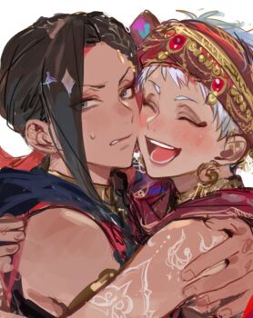 Rule 34 | 2boys, arabian clothes, arm around shoulder, arm tattoo, armlet, blush, braid, brown hair, cheek-to-cheek, closed eyes, earrings, grey eyes, heads together, jamil viper, jewelry, kalim al-asim, kuzuvine, long hair, looking to the side, male focus, multiple boys, nervous sweating, open mouth, piercing, sideways glance, simple background, sleeveless, smile, sweat, tattoo, teeth, twisted wonderland, upper body, white background, white hair