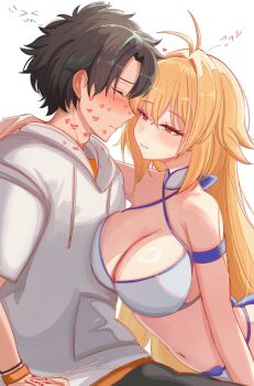 0nineo9 1boy 1girl absurdres archetype_earth arcueid_brunestud bare_shoulders bikini black_hair blonde_hair blush breasts cleavage closed_eyes commission eyelashes fate/grand_order fate_(series) fujimaru_ritsuka_(male) highres hood hoodie large_breasts lipstick_mark red_eyes simple_background swimsuit tsukihime upper_body white_background white_bikini white_hoodie