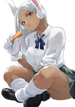 1girl :t absurdres animal_ears between_legs black_shoes blue_bow boku_no_hero_academia bow breasts carrot closed_mouth collared_shirt commentary crossed_legs dark-skinned_female dark_skin eating fengling_(furin-jp) gloves hand_between_legs hand_up head_tilt highres holding holding_carrot large_breasts long_eyelashes long_hair long_sleeves looking_at_viewer loose_socks mirko parted_bangs rabbit_ears rabbit_girl red_eyes school_uniform shirt shirt_tucked_in shoes simple_background sitting skirt sleeves_rolled_up smile socks solo thighs very_long_hair white_background white_gloves white_hair white_shirt white_socks