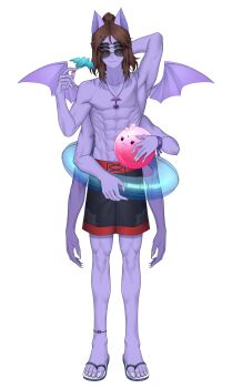 absurdres animal_ears anklet bad_link bat_ears black_shorts brown_hair carol_(lilum) colored_sclera colored_skin dante_will dante_will_(bat) dante_will_(summer_2023) extra_arms extra_eyes fingernails flip-flops food hair_bun hair_ornament hairclip highres holding holding_food holding_popsicle jewelry key key_necklace muscular muscular_male necklace neobaka ohwasuy pool_float popsicle purple_skin red_sclera red_shorts sandals sharp_fingernails shirohomu short_hair shorts single_hair_bun smile spider_web_print sunglasses wings