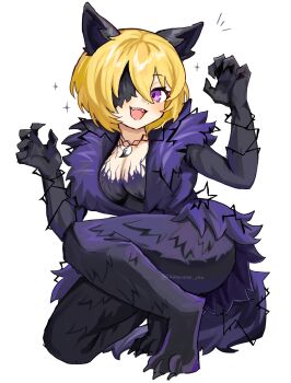 1girl :d animal_ears black_bodysuit blonde_hair bodysuit breasts claw_pose claws cleavage don_quixote_(project_moon) double-parted_bangs e.g.o_(project_moon) fangs full_body fur-trimmed_bodysuit fur_collar highres jewelry limbus_company looking_at_viewer medium_breasts necklace notice_lines one_eye_covered open_mouth project_moon purple_eyes ro/ku short_hair simple_background smile solo squatting tail teeth telepole_(e.g.o) tooth_necklace twitter_username upper_teeth_only white_background wire wolf_ears wolf_tail