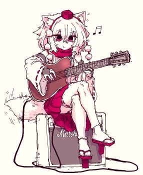 1girl animal_ears closed_mouth detached_sleeves fingerless_gloves geta gloves guitar hat highres holding holding_instrument instrument inubashiri_momiji looking_at_viewer music musical_note playing_instrument pom_pom_(clothes) rampa93 red_eyes red_hat red_shoes red_skirt ribbon-trimmed_sleeves ribbon_trim shoes simple_background sitting skirt smile solo tail tengu-geta thighhighs tokin_hat touhou white_background wolf_ears wolf_girl wolf_tail