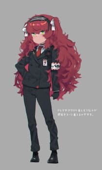 Rule 34 | 1girl, absurdres, armband, black suit, expressionless, flat chest, fluffy hair, formal clothes, full body, gloves, green eyes, hairband, hans.b, highres, long hair, necktie, original, red hair, solo, suit, translation request, very long hair