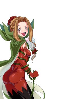 Rule 34 | 1girl, :d, absurdres, ass, black boots, bodysuit, boots, breasts, cape, commission, cosplay, cowboy shot, digimon, digimon adventure, elbow gloves, flower, from behind, gerusyu, gloves, green cape, hair flower, hair ornament, highres, holding, holding whip, long hair, looking at viewer, looking back, open mouth, red bodysuit, red gloves, rosemon, rosemon (cosplay), simple background, small breasts, smile, solo, tachikawa mimi, thigh boots, thorns, white background