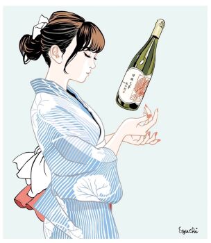 1girl artist_name blue_kimono border bottle brown_hair closed_eyes commentary_request eguchi_hisashi fingernails from_side grey_background hair_bun highres japanese_clothes kimono obi original parted_lips pink_nails sash simple_background solo striped_clothes striped_kimono upper_body white_border white_sash wine_bottle yukata