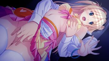 10s 1boy 1girl blonde_hair blue_eyes blush breasts censored fingering game_cg grabbing_another's_breast groping hetero highres kagurazaka_namine koutaro long_hair mosaic_censoring navel open_mouth protagonist_(tropical_vacation) tropical_kiss tropical_vacation twinkle_(company)