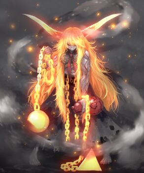 1girl aura ball_and_chain_(weapon) barefoot big_hair black_sclera black_shirt black_skirt check_commentary claws colored_sclera colored_skin commentary_request commission cracked_skin embers epic evil_grin evil_smile fingernails fire full_body glowing glowing_chain glowing_eye glowing_hair glowing_horns glowing_weapon gradient_clothes gradient_shirt gradient_skirt grey_shirt grey_skin grey_skirt grey_theme grin highres holding holding_weapon horns ibuki_suika long_hair looking_at_viewer muscular muscular_female nail_polish nioh nioh_2 one_eye_covered parody pigeon-toed red_eyes red_nails red_neckwear sharp_fingernails shirt shuten_douji_(nioh) sidelocks skirt sleeveless sleeveless_shirt smile smoke smoke_trail solo standing style_parody sunnysideup torn_clothes torn_skirt torn_sleeves touhou very_long_hair weapon yellow_pupils