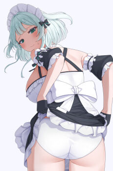Rule 34 | 1girl, absurdres, asigaru3000, ass, back, blush, breasts, clothes lift, commentary request, cowboy shot, embarrassed, green eyes, grey hair, highres, large breasts, lifting own clothes, looking at viewer, looking back, maid, maid headdress, medium hair, original, panties, pantyshot, shirt lift, sideboob, skirt, skirt flip, skirt lift, sweatdrop, underwear, white panties