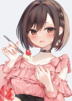 1girl aimi_(mimi_nii2) bare_shoulders black_choker black_ribbon black_skirt blurry blurry_foreground blush bow braid breasts brown_eyes brown_hair cable_knit choker clothing_cutout collarbone colorful_festival_(project_sekai) double-parted_bangs fingernails food frilled_shirt frilled_sleeves frills fruit furrowed_brow grey_background hair_between_eyes hair_bow hair_intakes hand_on_own_chest hands_up hashtag-only_commentary high-waist_skirt highres holding holding_spoon long_sleeves official_alternate_costume open_mouth pink_bow pink_shirt pinky_out project_sekai puffy_long_sleeves puffy_sleeves ribbon shinonome_ena shirt shirt_bow shirt_tucked_in short_hair shoulder_cutout side_braid simple_background single_braid skirt small_breasts solo spoon strawberry sweatdrop swept_bangs tongue upper_body white_bow