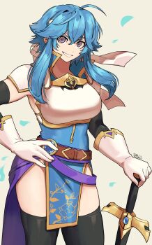 1girl absurdres ahoge armor armpits belt blue_hair blue_tunic breastplate breasts brooch commentary commission commissioner_upload elbow_gloves english_commentary fire_emblem fire_emblem:_genealogy_of_the_holy_war gloves grin hand_on_own_hip headband highres holding holding_sword holding_weapon jewelry looking_at_viewer medium_breasts nintendo original pelvic_curtain popped_collar purple_eyes ryo_yo_shi sash selia_(mrtalkingdino) sheath sheathed short_hair shoulder_armor sidelocks simple_background skeb_commission skindentation sleeveless smile solo standing sword thick_thighs thighhighs thighs tomboy tunic weapon white_headband