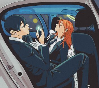 2boys androgynous angel_devil_(chainsaw_man) angel_wings black_hair black_jacket black_necktie black_pants black_suit car_interior chainsaw_man closed_eyes closed_mouth collared_shirt earrings feathered_wings feet_out_of_frame florbetriz formal_clothes hair_between_eyes halo hayakawa_aki highres holding holding_lighter jacket jewelry leaning_back lighter lighting_cigarette long_hair male_focus multiple_boys necktie orange_hair pants ponytail shirt short_hair short_ponytail sitting smoking stud_earrings suit suit_jacket traditional_halo white_shirt white_wings wings