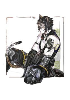 Rule 34 | 1boy, animal ears, arknights, arm strap, arm tattoo, between legs, black hair, black pants, broca (arknights), cat boy, cat ears, cat tail, commentary request, goggles, goggles on head, highres, looking at viewer, male focus, pants, pectoral cleavage, pectorals, pipidan, simple background, sitting, solo, tail, tattoo, tiger boy, tiger ears, tiger tail, toned, toned male, white background, yellow eyes