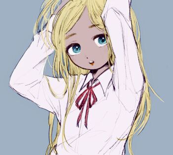 1girl arms_up blonde_hair blue_eyes commentary_request eyelashes grey_background highres idolmaster idolmaster_cinderella_girls layla_(idolmaster) long_hair long_sleeves looking_at_viewer open_mouth puyui red_ribbon ribbon school_uniform shirt solo tan upper_body very_long_hair white_shirt