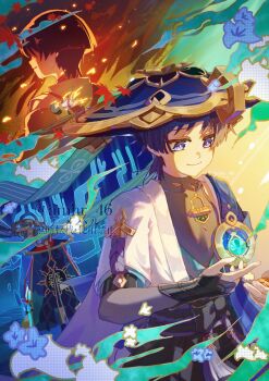 3boys amhr_46 anemo_symbol_(genshin_impact) armor arms_at_sides bare_tree belt bird black_belt black_bodysuit black_bow black_hair black_hat black_kimono black_shorts black_sleeves blue_cape blue_hat blue_kimono blue_sleeves blunt_ends bodysuit bow bridal_gauntlets bright_pupils cape choppy_bangs closed_mouth clothing_cutout commentary_request covered_collarbone doll eyelashes facing_away facing_to_the_side feathers fingernails fire furisode genshin_impact glowing_gem gold grey_bridal_gauntlets grey_hair grey_veil hat highres hip_vent irminsul japanese_armor japanese_clothes jingasa juban kariginu kimono kote kurokote layered_sleeves looking_at_object looking_down multicolored_hair multiple_boys multiple_persona open_clothes open_hands open_kimono parted_lips pom_pom_(clothes) purple_eyes purple_hair purple_rope red_hat rope sash scaramouche_(genshin_impact) scaramouche_(kabukimono)_(genshin_impact) scene_reference see-through_clothes see-through_veil shaded_face short_sleeves shorts shoulder_cutout shoulder_peek smile streaked_hair tassel tears tree turtleneck turtleneck_bodysuit twitter_username two-tone_hat veil wanderer_(genshin_impact) watermark white_kimono white_pupils white_sleeves wings yellow_feathers