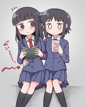 0_0 2girls ^^^ arm_around_waist arrow_(symbol) bernard-jou_iwaku. black_eyes black_hair black_socks blue_jacket blue_skirt blunt_bangs blush book closed_mouth feet_out_of_frame grey_background holding holding_book holding_phone jacket kanbayashi_shiori kneehighs knees_together_feet_apart legs_together long_hair long_sleeves looking_at_another machida_sawako meis_(terameisu) multiple_girls necktie open_book phone pleated_skirt pulling red_necktie short_hair side-by-side simple_background sitting skirt small_sweatdrop socks surprised v-shaped_eyebrows yuri