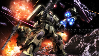 3d asteroid battle bazooka_(gundam) beam_cannon cable commentary_request destruction earth_federation_space_forces energy_beam english_text explosion fleet gundam highres machinery mecha mecha_focus mixed-language_commentary mobile mobile_suit mobile_suit_gundam_the_origin no_humans one-eyed realistic robot s.hasegawa salamis_class science_fiction shield shoulder_spikes signature space spacecraft spikes thrusters turret vernier_thrusters zaku zaku_ii_hmt_black_tri-stars_custom zeon zero_gravity