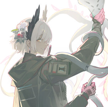 1girl absurdres arknights arm_up bird_girl black_feathers black_jacket dark_skin earrings echj feathers flower from_side gloves grin hair_between_eyes hair_flower hair_ornament hashtag-only_commentary head_wings highres holding hood hooded_jacket jacket jewelry long_sleeves looking_at_viewer looking_to_the_side multiple_hands pink_gloves profile raidian_(arknights) red_pupils rhodes_island_logo_(arknights) short_hair sideways_glance sketch smile solo unusually_open_eyes white_background white_hair wings yellow_eyes