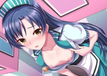 1girl apron blue_hair blush breasts brown_eyes collarbone dan_(orange_train) diner exhibitionism hat idolmaster idolmaster_(classic) idolmaster_million_live! idolmaster_million_live!_theater_days indoors kisaragi_chihaya long_hair looking_at_viewer open_clothes open_shirt opened_by_self public_indecency puffy_short_sleeves puffy_sleeves short_sleeves small_breasts solo tray waitress