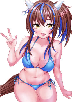 1girl :d absurdres animal_ears bikini blue_bikini blue_hair breasts brown_hair collarbone commentary_request daitaku_helios_(umamusume) ear_covers hagesan3345 highres horse_ears horse_girl horse_tail looking_at_viewer medium_breasts medium_hair multicolored_hair navel open_mouth ponytail sidelocks simple_background smile solo swimsuit tail two-tone_hair umamusume w white_background yellow_eyes