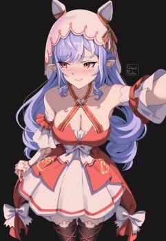 1girl animal_ears bare_shoulders black_background black_thighhighs blue_hair blush bow breasts cleavage closed_mouth collarbone cosplay dazed_pedler detached_sleeves dress drill_hair ear_covers ear_ribbon hair_between_eyes hair_ornament highres horse_ears horse_girl large_breasts long_hair mole mole_under_eye multicolored_hair outstretched_arm purple_hair red_dress red_eyes red_ribbon ribbon simple_background smile solo still_in_love_(scarlet_vow_raiment)_(umamusume) still_in_love_(umamusume) still_in_love_(umamusume)_(cosplay) streaked_hair thighhighs two-tone_dress umamusume veil vivian_banshee white_dress white_veil zenless_zone_zero