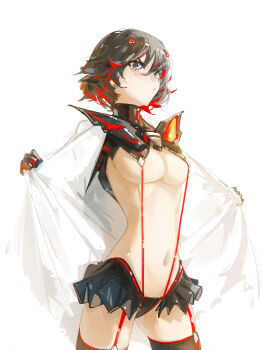 1girl absurdres blue_eyes breasts commentary dudrinm highres kill_la_kill life_fiber living_clothes matoi_ryuuko multicolored_hair revealing_clothes senketsu short_hair solo streaked_hair suspenders two-tone_hair white_background