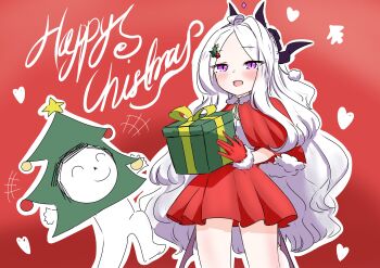 1boy 1girl absurdres ahoge blue_archive blush box christmas christmas_tree commentary demon_girl demon_horns demon_wings doodle_sensei_(blue_archive) english_commentary gift gift_box gloves halo heart highres hina_(blue_archive) horns long_hair low_wings purple_eyes red_gloves santa_costume sensei_(blue_archive) skirt white_hair wings zenome_leon