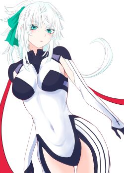 Rule 34 | 1girl, absurdres, armpit cutout, black bodysuit, blush, bodysuit, braid, braided hair rings, breasts, clothing cutout, commentary request, covered navel, earrings, fate/grand order, fate (series), green eyes, hair ribbon, hair rings, highres, jewelry, long hair, looking at viewer, mcpc zamurai, medium breasts, multicolored bodysuit, ponytail, ribbon, sidelocks, solo, thigh cutout, thighs, two-tone bodysuit, white bodysuit, white hair, yui shousetsu (fate), yui shousetsu (first ascension) (fate)