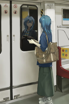 1girl :o absurdres bag blue_eyes blue_hair blue_shirt brown_bag cellphone from_side full_body green_skirt highres holding holding_phone long_skirt looking_at_reflection make_heroine_ga_oo_sugiru! medium_hair no_symbol phone reflection shirt shoulder_bag skirt smartphone socks solo standing subway tongshan_treeless train_interior white_footwear white_socks yanami_anna