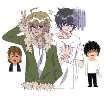 Rule 34 | 2boys, ahoge, amnyuixx, bandaged wrist, bandages, black eyes, black hair, blush, brown eyes, brown hair, collarbone, dark-skinned male, dark skin, drooling, ear piercing, fur-trimmed jacket, fur trim, gloom (expression), green jacket, gyaruo, gyaruo (irasutoya), hand in pocket, hands on own chest, highres, irasutoya, irasutoya challenge, jacket, jewelry, long sleeves, male focus, messy hair, mouth drool, multiple boys, necklace, original, pearl necklace, piercing, shirt, short hair, simple background, smile, star (symbol), v, white background, white shirt