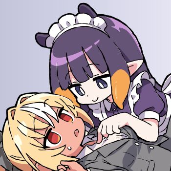 apron black_sleeves black_suit blonde_hair blunt_bangs breasts collared_shirt commentary english_commentary formal_clothes grey_background hand_on_another's_chest highres hololive hololive_english hyperkit long_hair lying maid maid_headdress multicolored_hair ninomae_ina'nis open_mouth pointy_ears purple_hair red_eyes shiranui_flare shirt smile suit sweatdrop tentacle_hair white_apron white_shirt white_streaks yuri