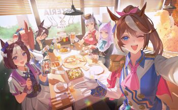 6+girls :d absurdres animal_ears ascot bib_collar black_coat black_jacket black_vest blue_eyes blue_jacket blunt_bangs bow bowtie braid breasts brown_hair buttons cake cake_slice cape cellphone center_frills closed_mouth coat collared_shirt commentary cup daiwa_scarlet_(peak_blue)_(umamusume) daiwa_scarlet_(umamusume) diner double-breasted dress ear_ribbon english_commentary epaulettes food frilled_jacket frilled_shirt_collar frills gloves gold_ship_(red_strife)_(umamusume) gold_ship_(umamusume) grey_hair hair_over_one_eye half_up_braid high_ponytail highres holding holding_cup holding_phone horse_ears horse_girl indoors jacket large_breasts long_hair long_sleeves looking_at_another looking_at_viewer mejiro_mcqueen_(frontline_elegance)_(umamusume) mejiro_mcqueen_(umamusume) multicolored_hair multiple_girls neck neck_ribbon oguri_cap_(umamusume) omelet omurice onion_rings open_mouth outstretched_arm phone pink_ascot pink_cape pizza pleated_skirt ponytail purple_eyes purple_hair purple_ribbon red_bow red_bowtie red_dress ribbon shirt short_hair sidelocks silence_suzuka_(umamusume) single_epaulette single_glove sitting skirt sleeveless sleeveless_dress small_breasts smartphone smile special_week_(special_dreamer)_(umamusume) special_week_(umamusume) standing streaked_hair swept_bangs teacup tokai_teio_(peak_joy)_(umamusume) tokai_teio_(umamusume) twintails umamusume vest video_call vodka_(umamusume) vodka_(wild_top_gear)_(umamusume) white_gloves white_hair white_jacket white_shirt white_skirt xiisalt