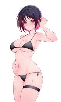1girl absurdres armpits bare_arms bare_shoulders bikini black_bikini black_hair blush breasts cleavage closed_mouth colored_inner_hair commission cowboy_shot ear_piercing earrings gradient_hair hand_on_own_stomach hand_up highres jewelry looking_at_viewer medium_breasts multicolored_hair navel original piercing pink_hair rable red_eyes short_hair side-tie_bikini_bottom simple_background smile solo stomach strap_gap string_bikini sweat swimsuit thigh_strap thighs two-tone_hair white_background