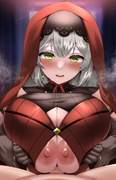 1boy 1girl bare_shoulders blush breasts breasts_squeezed_together brown_gloves censored circussion cleavage cleavage_cutout clothing_cutout collarbone detached_sleeves gloves grey_hair hetero long_hair looking_at_viewer nipples open_mouth original paizuri penis smile veil yellow_eyes