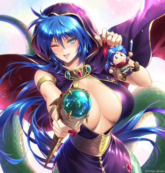 Rule 34 | 1girl, :d, blue eyes, blue hair, breasts, breath of fire, breath of fire i, cape, character doll, cleavage, cleavage cutout, clothing cutout, commentary request, deis, doll, dress, holding, holding doll, holding staff, hood, hooded cape, ichijo ahuro, lamia, large breasts, long hair, looking at viewer, monster girl, one eye closed, open mouth, purple dress, ryu (breath of fire i), smile, solo, staff, very long hair