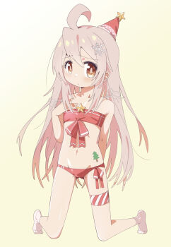 1girl ahoge arm_behind_back avarangers bare_shoulders blush bra closed_mouth flat_chest full_body gradient_background hair_between_eyes hair_ornament hat highres kneeling loli long_hair looking_at_viewer mini_party_hat multicolored_hair navel onii-chan_wa_oshimai! orange_eyes oyama_mahiro pants party_hat pink_hair red_bra red_pants ribbon_as_bra snowflake_hair_ornament socks solo underwear very_long_hair white_socks yellow_background