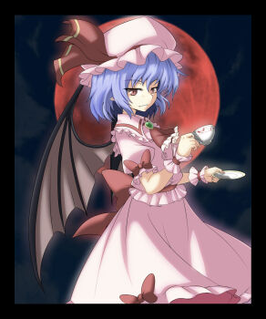 1girl ascot back_bow bat_wings blue_hair bow chest_jewel cloud commentary_request cup dress fang frills hat hat_ribbon highres holding holding_cup holding_plate looking_at_viewer mob_cap moon night pink_dress pink_hat plate pointy_ears puffy_short_sleeves puffy_sleeves red_ascot red_bow red_eyes red_moon red_ribbon remilia_scarlet ribbon short_hair short_sleeves slit_pupils smile solo teacup touhou vampire wabi_(wbsk) wings wrist_cuffs