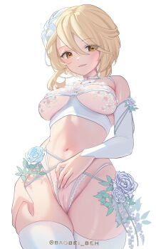 1girl baobei_(baobei_bu) blonde_hair bra breasts closed_mouth flower genshin_impact hair_between_eyes hair_flower hair_ornament highres long_hair lumine_(genshin_impact) medium_breasts panties pussy rose smile solo thighhighs underwear white_bra white_panties white_sleeves white_thighhighs yellow_eyes