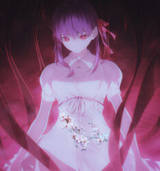 Rule 34 | 1girl, bare arms, breasts, closed mouth, dress, expressionless, fate (series), flower, fov ps, hair ribbon, looking at viewer, matou sakura, medium hair, puffy short sleeves, puffy sleeves, purple hair, red background, red eyes, red ribbon, red theme, ribbon, short sleeves, small breasts, solo, white dress, white flower