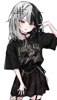 Rule 34 | 1girl, absurdres, akarinnndesu, alternate costume, babymetal, band shirt, black choker, black hair, black shirt, black skirt, blush, braid, braided hair rings, chain, choker, collar, ear bar, ear piercing, earrings, emo fashion, fishnet pantyhose, fishnets, garter straps, goth fashion, grey hair, hair ornament, hair rings, hand up, highres, hololive, hololive english, jewelry, long hair, looking at viewer, medium hair, merchandise, multicolored hair, open mouth, pantyhose, piercing, plaid, pleated skirt, ring, shiori novella, shirt, short sleeves, simple background, skirt, smile, solo, split-color hair, t-shirt, thighhighs, two-tone hair, virtual youtuber, white background, white hair, yellow eyes