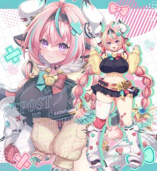 Rule 34 | 1girl, ahoge, animal ears, aqua hair, bandaid, bell, belt, black skirt, bow, braid, breasts, bright pupils, cow ears, cow girl, cow horns, cow tail, cowbell, detached sleeves, feet out of frame, fingerless gloves, full body, fur trim, genshin impact, gloves, hair ornament, hairband, heart, horns, huge breasts, large breasts, leg warmers, long hair, looking at viewer, midriff, multicolored hair, multiple views, nyorori (tatsutaage), open mouth, pink belt, pink hair, pom pom (clothes), purple eyes, shoes, single thighhigh, sitting, skirt, smile, sneakers, stomach, tail, teeth, thighhighs, thighs, twin braids, upper teeth only, varesa (genshin impact), wariza, white leg warmers, yellow sleeves