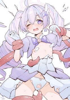 1girl absurdres blue_archive blush breasts dress gloves hair_ornament halo highres long_hair multicolored_hair official_alternate_costume one_eye_closed open_mouth panties purple_eyes reisa_(blue_archive) reisa_(magical)_(blue_archive) small_breasts solo star_(symbol) star_hair_ornament tachibana_shiori_(suica_112) tentacles torn_clothes torn_dress twintails underwear white_gloves