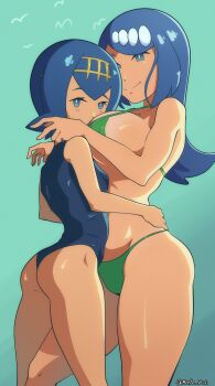 2girls absurdres ass bikini blue_eyes blue_hair blush breasts face_to_breasts green_bikini highres hug huge_breasts lana&#039;s_mother_(pokemon) lana_(pokemon) long_hair looking_at_viewer mature_female monke_brush mother_and_daughter multiple_girls nintendo one-piece_swimsuit pokemon pokemon_(anime) pokemon_sm_(anime) short_hair small_breasts smile swimsuit thighs thong thong_bikini wide_hips