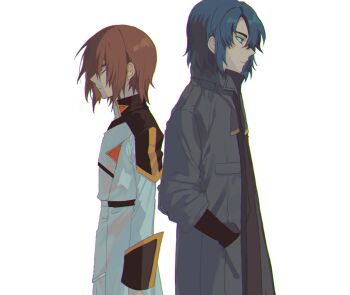 2boys athrun_zala back-to-back belt blue_hair brown_eyes closed_mouth coat expressionless grey_coat gundam gundam_seed hair_between_eyes hand_in_pocket kira_yamato looking_ahead male_focus military_uniform multiple_boys seed0x0 short_hair simple_background white_background white_coat