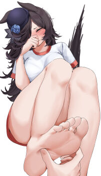 1girl 1other absurdres animal_ears barefoot black_hair black_tail blue_flower blue_hat blue_rose blush breasts closed_eyes closed_mouth commentary_request feet flower foot_focus gym_shirt gym_shorts hair_over_one_eye hat hat_flower highres holding_another's_feet horse_ears horse_girl horse_tail knees_up long_hair medium_breasts red_shorts rice_shower_(umamusume) rose shirt shorts simple_background tabunshake tail tail_raised thighs tilted_headwear toes umamusume white_background white_shirt