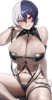 1girl absurdres arm_support armpit_crease asano_mano_(manomanodayoo) bikini black_bikini blue_hair breasts commentary commission cosplay earrings english_commentary goddess_of_victory:_nikke grin groin hair_ornament hairpin head_tilt highres indie_virtual_youtuber jewelry large_breasts looking_at_viewer monegi multicolored_hair navel pink_eyes pixiv_commission revealing_clothes rosanna_(chic_ocean)_(nikke) rosanna_(nikke) rosanna_(nikke)_(cosplay) shiny_skin short_hair simple_background sitting smile solo swimsuit two-tone_hair underwear virtual_youtuber white_background white_hair