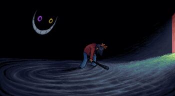 1girl 1other antlers baseball_bat black_hair blue_pants creepy_eyes december_holiday deltarune denim design_speculation door friend_(deltarune) grass grin hair_over_face heterochromia holding holding_baseball_bat horns horror_(theme) hunched_over jeans open_door pants pink_eyes pixel_art reindeer_antlers reindeer_girl ripples sharfabean smile soaking_feet utdr_(toby_fox) walking water yellow_eyes