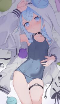 Rule 34 | 1girl, :<, absurdres, arm up, badao, blue bow, blue eyes, blue hair, bow, braid, breasts, choker, closed mouth, covered navel, feet out of frame, hair bow, heart, heart o-ring, highres, hololive, hololive dev is, hood, hood up, hooded jacket, jacket, light blush, long sleeves, looking at viewer, low twin braids, lying, medium hair, mixed-language commentary, mizumiya su, mizumiya su (1st costume), o-ring, o-ring choker, o-ring thigh strap, old school swimsuit, on back, open clothes, open jacket, paid reward available, rekio (mizumiya su), school swimsuit, shade, small breasts, solo, swimsuit, thigh gap, thigh strap, twin braids, virtual youtuber, white jacket