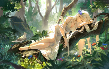 1girl absurdres barefoot bird closed_eyes dress flower forest gold_trim grass hair_flower hair_ornament highres long_hair lying_on_branch nature original outdoors sleeping sleeveless sleeveless_dress tree tu_er_tm very_long_hair white_dress